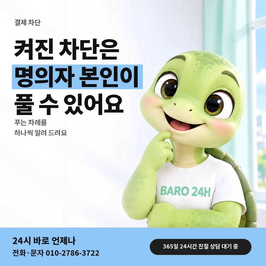 BARO 24H 티셔츠를 입은 3D 거북이 캐릭터 옆에 「휴대폰 결제 차단 풀기」 제목을 얹은 안내 카드
